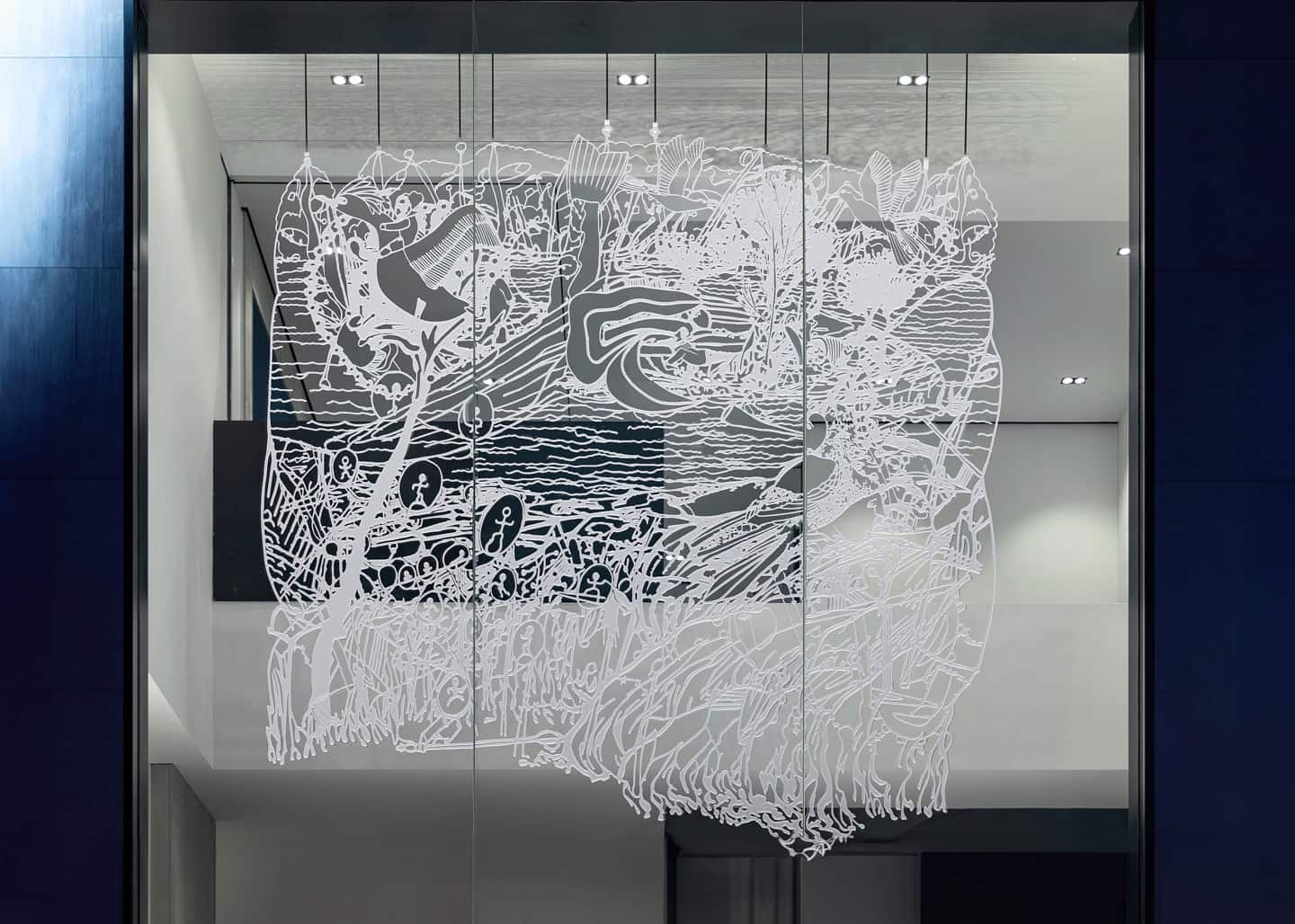 Alex Fischer & Qavavau Manumie, ᐃᒻᒪᕕᒻᒥ Upon the Sea 海上, 2021, ≅15'×15' water cut aluminium, white paint. on display at iAPM, Shanghai, China